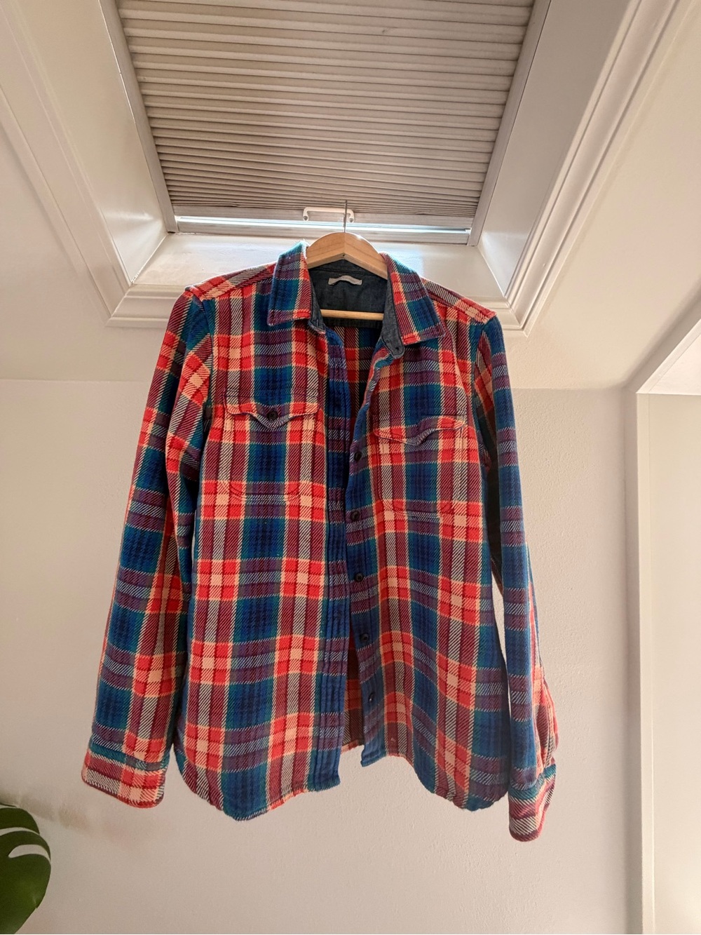 Red and Blue Plaid Button-Up Flannel Shirt